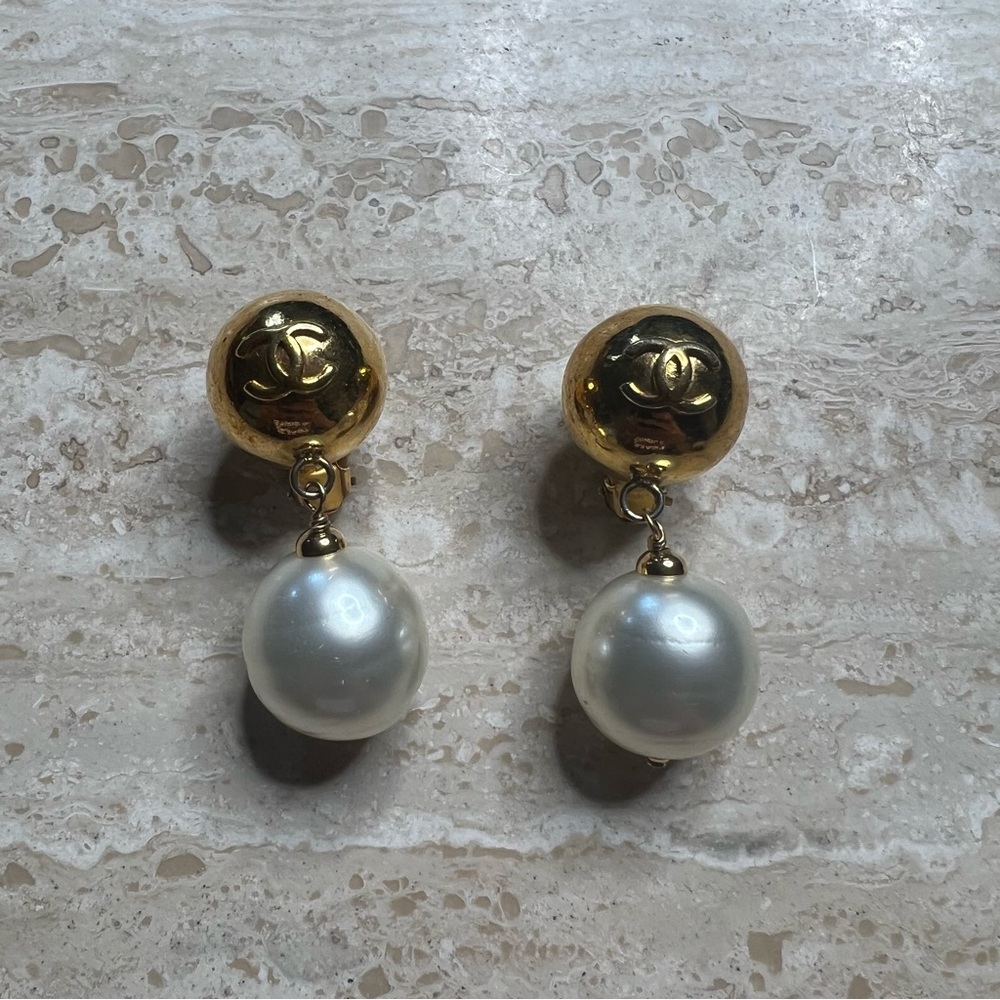 Chanel Gold Tone Sphere Faux Pearl Drop Clip-on Earrings (1980s)
